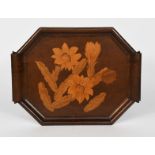 A Liceu de Artes marquetry wood twin-handled tray, octagonal form, inlaid with floral panel