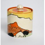 'Mountain' a Clarice Cliff Bizarre Cylindrical preserve pot and cover, painted in colours printed