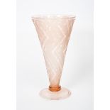 A Daum acid-etched glass vase, flaring conical pink glass vase on shallow domed foot, etched with
