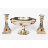 A Scottish electroplated pedestal bowl and pair of candlesticks by JB Glasgow, the candlesticks