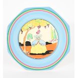 'Applique Idyll' a Clarice Cliff Bizarre plate, painted in colours inside blue, pink and green