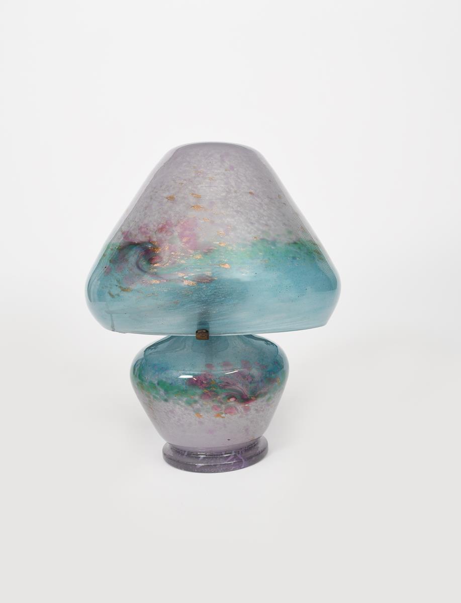 A Moncrieff's Monart Ware glass table lamp, mushroom shaped, pink glass graduating to blue rim - Image 2 of 2