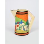 'Applique Orange Lugano' a Clarice Cliff Bizarre Conical jug, painted in colours between red and