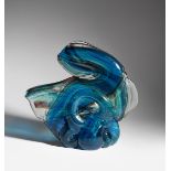 A Mdina Glass Knot sculpture by Michael Harris, dated 1974, swirling blue and purple glass with