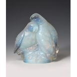 A Joblings Opalique opalescent glass lovebirds model, cast regd number to base, 10.5cm. high