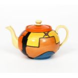 'Sunray' a Clarice Cliff Globe teapot and cover, painted in colours below orange band, the cover
