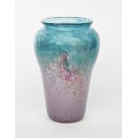 A Moncrieff's Monart Ware glass vase, tall, swollen, shouldered form, pale blue glass graduating