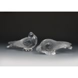 A pair of modern Lalique clear and frosted glass Pigeon table figures, one modelled pecking the