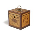 A GEORGE III SYCAMORE AND MARQUETRY SINGLE TEA CADDY inlaid with panels of flowers and leaves,