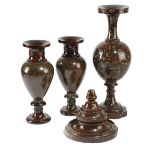 A COLLECTION OF CORNISH SERPENTINE ITEMS LATE 19TH CENTURY with a pair of turned vases with ovoid