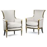 A PAIR OF EBONISED AND PARCEL GILT BERGERES IN EMPIRE STYLE PROBABLY 20TH CENTURY each with a
