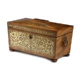 A GEORGE IV MAHOGANY AND BRASS MARQUETRY TEA CHEST EARLY 19TH CENTURY of sarcophagus form, the lid