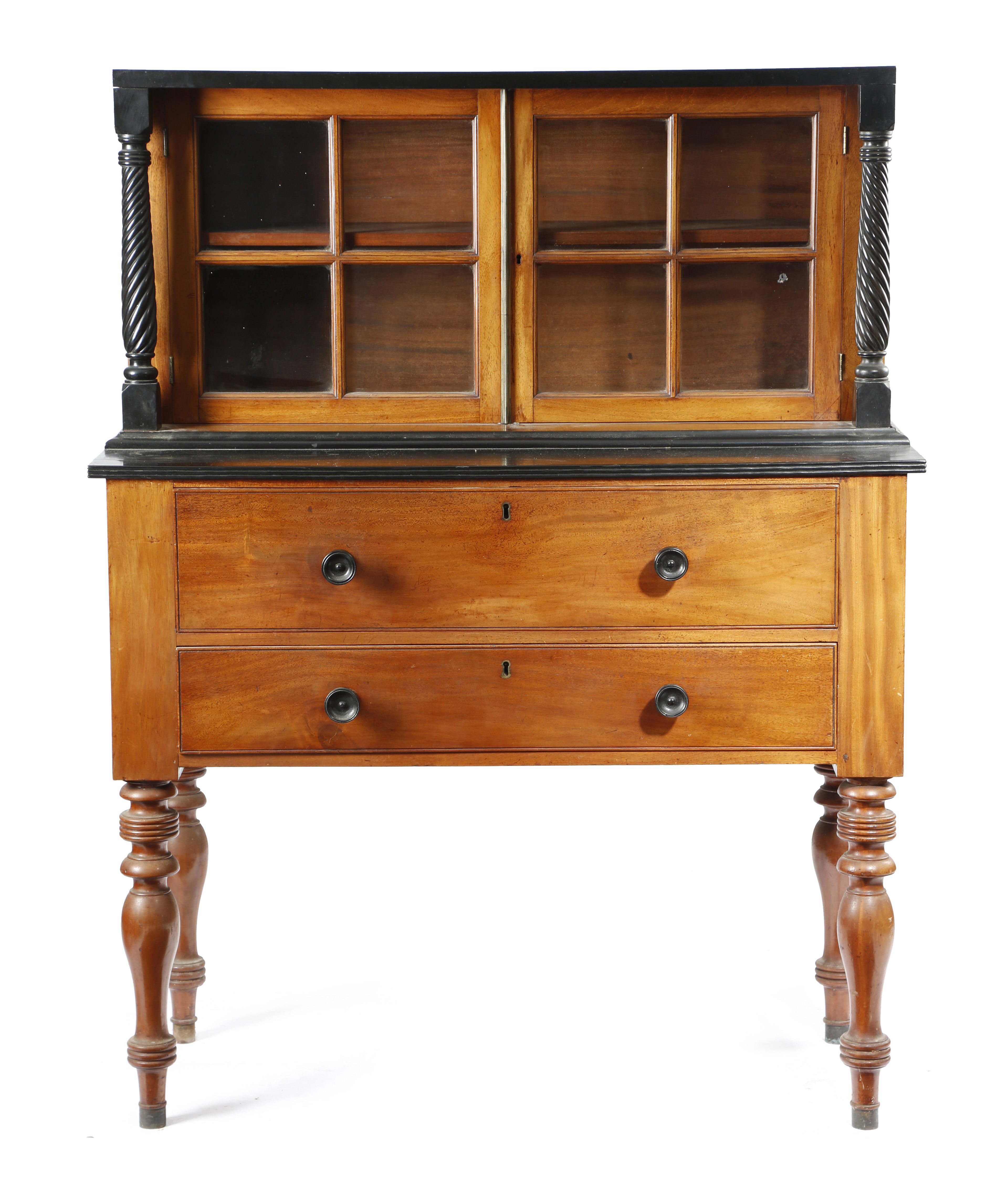 AN ANGLO-INDIAN EBONY AND TEAK SECRETAIRE CABINET CEYLONESE, LATE 19TH CENTURY with a pair of glazed