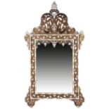 A MOORISH WALNUT, BONE AND MOTHER OF PEARL WALL MIRROR DAMASCUS, EARLY 20TH CENTURY the later