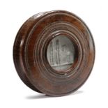 A GEORGE IV OAK 'YORK MINSTER' CIRCULAR SNUFF BOX EARLY 19TH CENTURY engine turned, the lid inset