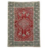 A DOUBLE NICHE PRAYER MAT OF GREEN AND RED VELVET PERSIAN, MID-19TH CENTURY embroidered in silk