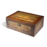 A TUNBRIDGE WARE AND WALNUT WORK BOX 19TH CENTURY with four marquetry inlaid panels depicting