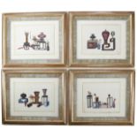 A SET OF FOUR CHINESE GOUACHE RICE PAPER PAINTINGS 19TH CENTURY depicting scholar's objects, with