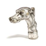 A VICTORIAN SILVER PLATED GREYHOUND WALKING CANE HANDLE LATE 19TH CENTURY his collar with a date '