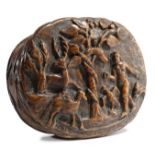 A TREEN BURR OAK FOLK ART OVAL SNUFF BOX PROBABLY FIRST HALF 18TH CENTURY the lid carved with Eve