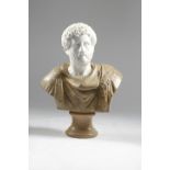 AFTER THE ANTIQUE. A CARVED MARBLE BUST OF THE ROMAN EMPEROR COMMODUS 20TH CENTURY his toga sculpted