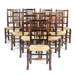 A HARLEQUIN SET OF TEN LANCASHIRE ASH DINING CHAIRS 19TH CENTURY each with a turned spindle back