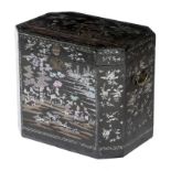 A CHINESE BLACK LACQUER AND MOTHER OF PEARL TEA CHEST MID-19TH CENTURY of canted rectangular form,
