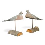 A PAIR OF PAINTED PAPIER-MACHE DECOY PIGEONS POSSIBLY EARLY 20TH CENTURY mounted on a sprung brass