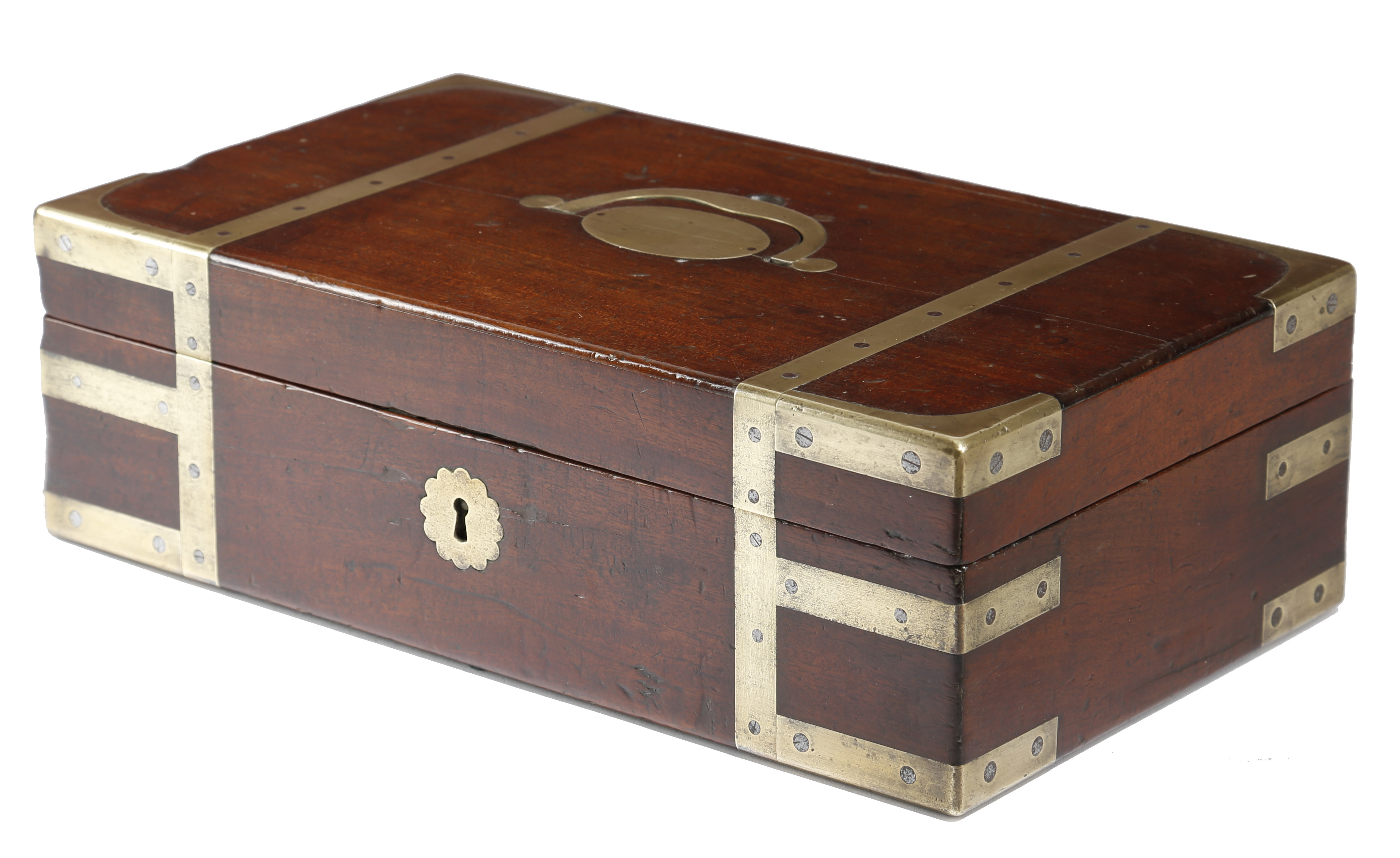 A MAHOGANY AND BRASS BOUND BOX POSSIBLY CAMPAIGN, EARLY 19TH CENTURY the hinged lid with a sunken