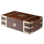A MAHOGANY AND BRASS BOUND BOX POSSIBLY CAMPAIGN, EARLY 19TH CENTURY the hinged lid with a sunken