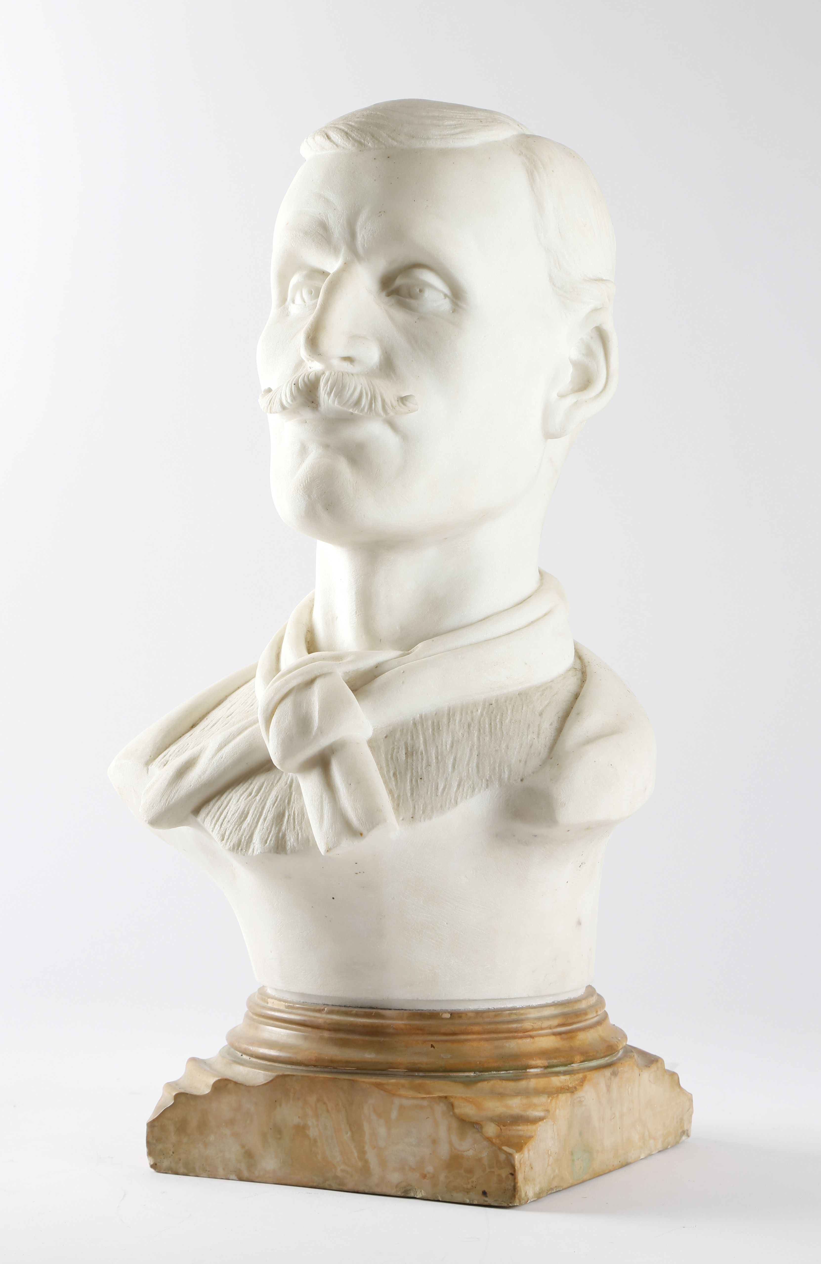 A MARBLE BUST OF A MOUSTACHIOED GENTLEMAN POSSIBLY FRENCH, LATE 19TH / EARLY 20TH CENTURY mounted on