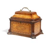 A SATINWOOD, KINGWOOD AND PARQUETRY TEA CADDY IN GEORGE III STYLE LATE 19TH CENTURY of sarcophagus