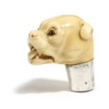 λ A VICTORIAN CARVED IVORY BULLDOG WALKING CANE HANDLE LATE 19TH CENTURY with glass eyes, the white