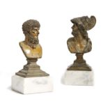 AFTER THE ANTIQUE. A PAIR OF ITALIAN COLD PAINTED SPELTER GRAND TOUR BUSTS LATE 19TH / EARLY 20TH
