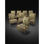 A SET OF EIGHT FRENCH GILTWOOD FAUTEUILS IN LOUIS XVI STYLE AFTER A MODEL BY GEORGES JACOB, THIRD