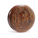 A FRENCH PRESSED BURR MAPLE SNUFF BOX EARLY 19TH CENTURY the lid decorated with figures on horseback