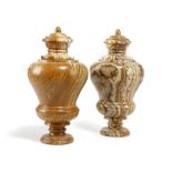 A PAIR OF ITALIAN TURNED ALABASTRO FIORITO URNS AND COVERS POSSIBLY LATE 18TH / EARLY 19TH CENTURY