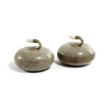 A PAIR OF SCOTTISH POLISHED GRANITE CURLING STONE DESK WEIGHTS EARLY 20TH CENTURY each with a nickel