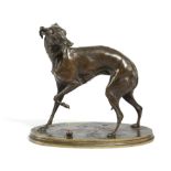 PIERRE-JULES MENE. A BRONZE MODEL OF THE WHIPPET GIGI FRENCH 1810-1879 at play, with a ball,