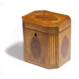 A GEORGE III SYCAMORE AND MARQUETRY TEA CADDY LATE 18TH CENTURY iof canted rectangular form,