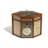 A GEORGE III SATINWOOD HEXAGONAL SCROLLWORK TEA CADDY LATE 18TH CENTURY with glazed panels decorated
