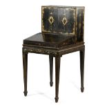 A CHINESE EXPORT BLACK LACQUER BONHEUR DU JOUR c.1800-20 with gilt decoration of floral sprays,