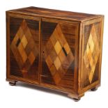 A RARE REGENCY TUNBRIDGE WARE HAREWOOD AND GONCALO ALVES COLLECTOR'S TABLE CABINET BY ROBINSON'S