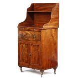 A GEORGE IV MAHOGANY SIDE CABINET EARLY 19TH CENTURY with flame figuring, the galleried top with a
