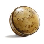 A GEORGE III WELSH HORN SNUFF BOX EARLY 19TH CENTURY the lid inscribed and dated 'Hugh Jones