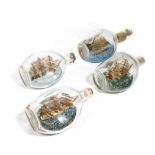 FOUR SHIPS IN A BOTTLE FIRST HALF 20TH CENTURY depicting sailing ships, three in full sail, one