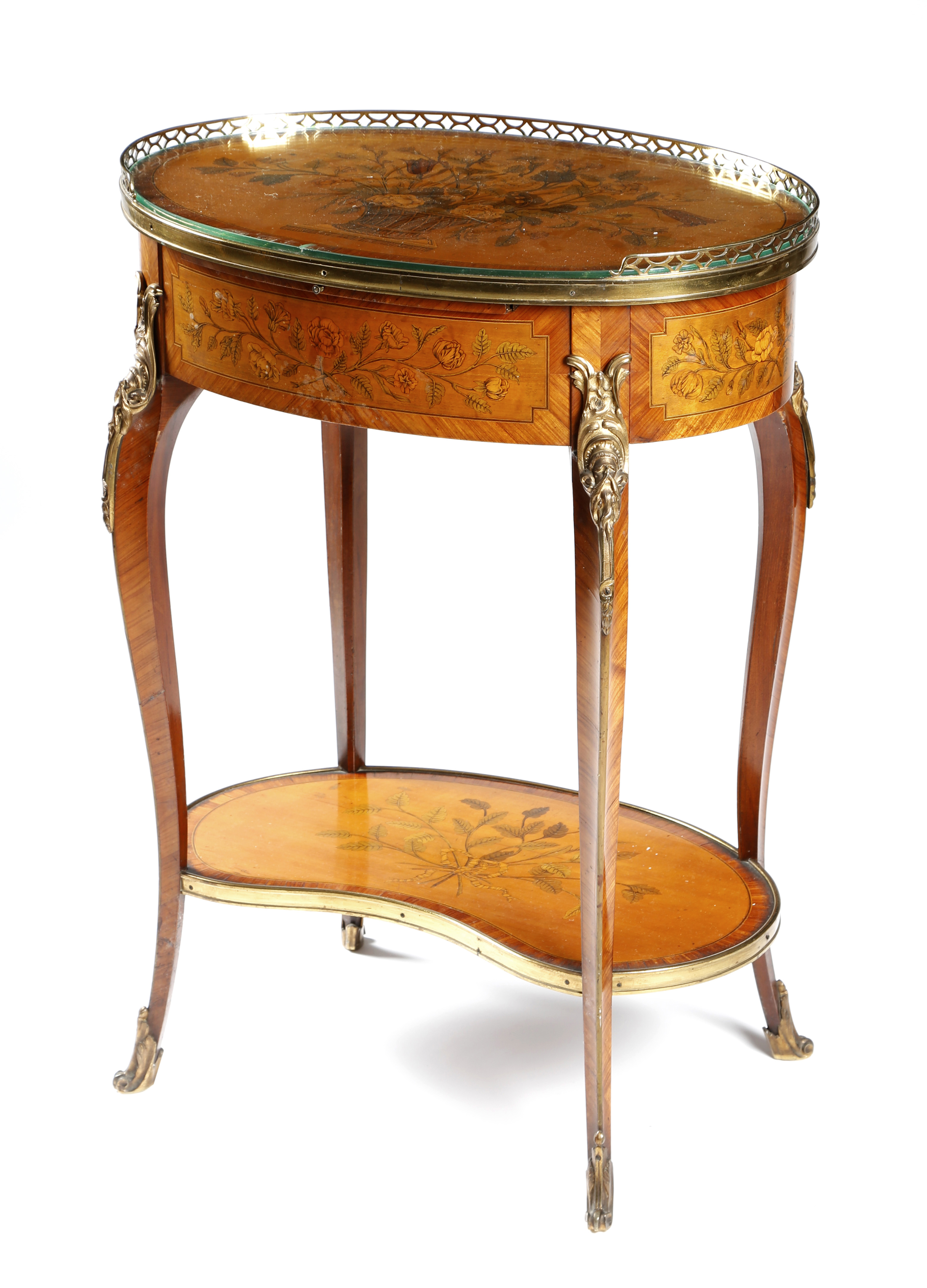 A FRENCH MARQUETRY TABLE A ECRIRE IN LOUIS XVI STYLE 19TH CENTURY with gilt bronze mounts and banded
