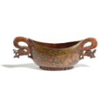 A PERSIAN PAINTED WOOD KASHKUL 19TH CENTURY of navette shape, with pierced dragon handles, the