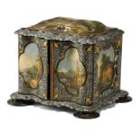 A VICTORIAN PAPIER-MACHE NEEDLEWORK TABLE CABINET c.1850 painted with panels of English and