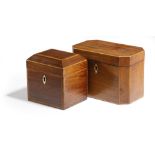 TWO REGENCY ROSEWOOD TEA CADDIES EARLY 19TH CENTURY one of canted form with a twin lidded